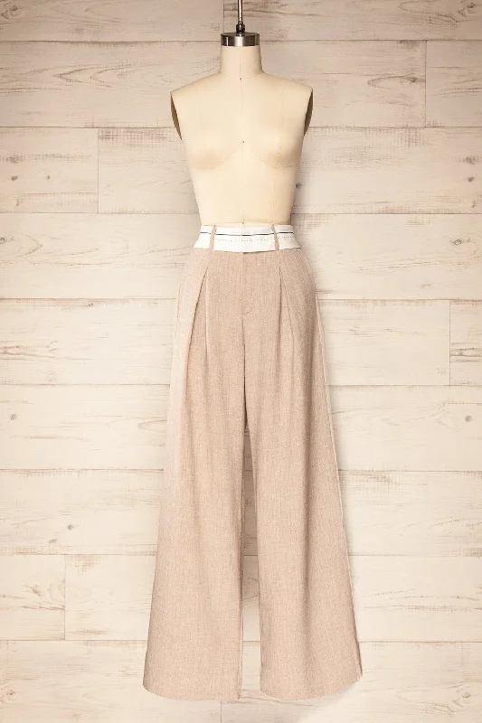 Ilkeston | Beige Fold Over Waistband Trousers