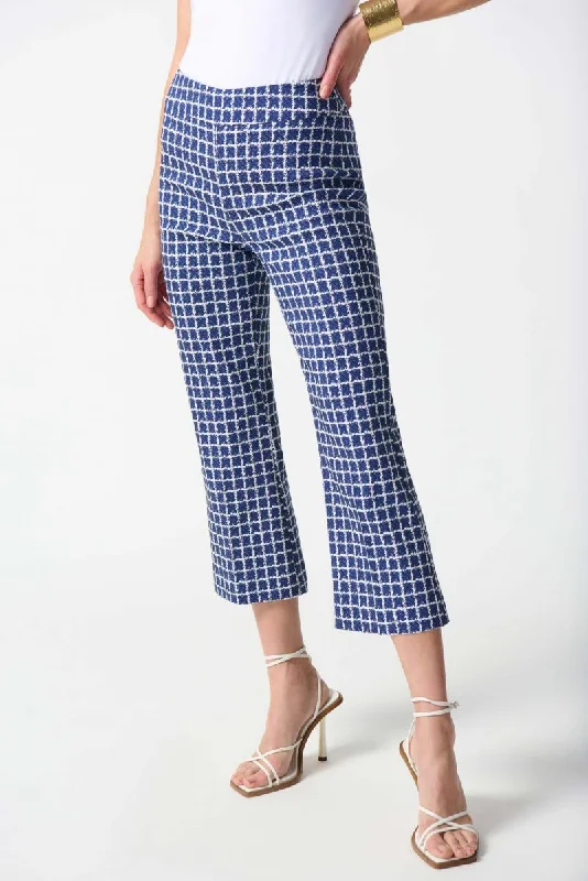 Joseph Ribkoff White/Blue Windowpane Plaid Pull On Cropped Pants 242137