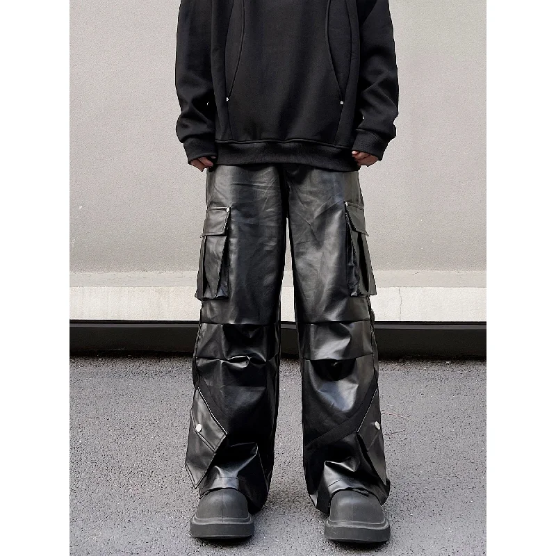 Pleated Wide Cargo Leather Pants