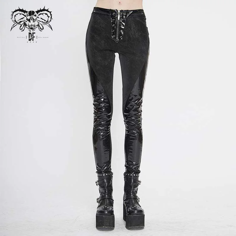 Women's Gothic Black PU Leather & Denim Skinny Pants