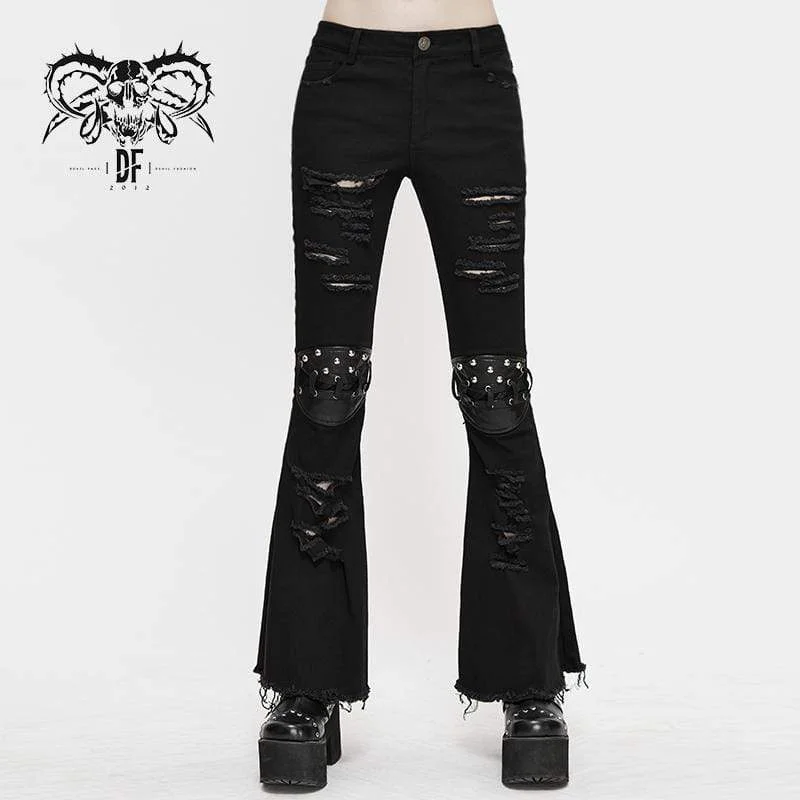 Women's Grunge Strappy Ripped  Flare Pants With Rivets