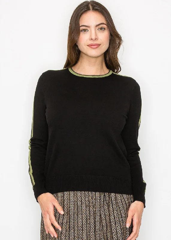 Black Sweater with Olive Stripe Detail