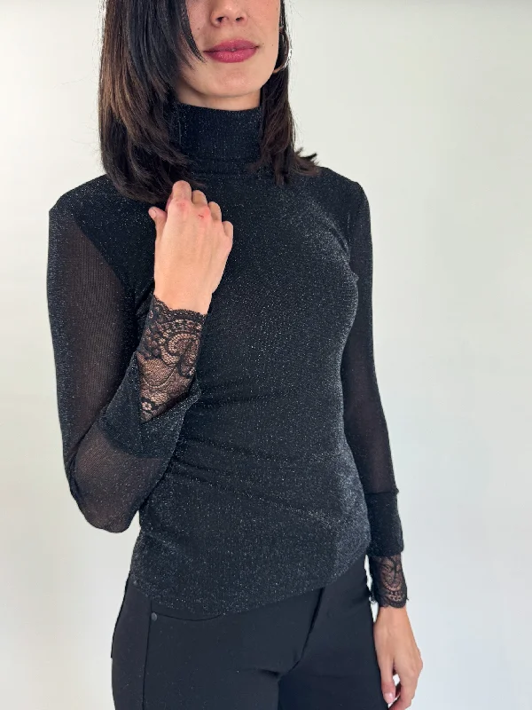 Detailed Black Metallic Turtleneck