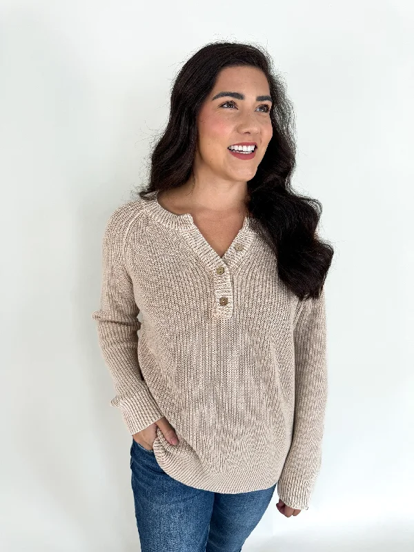 Elaina Washed Henley Taupe Sweater