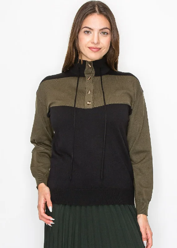 High-Neck Olive Panel Sweater