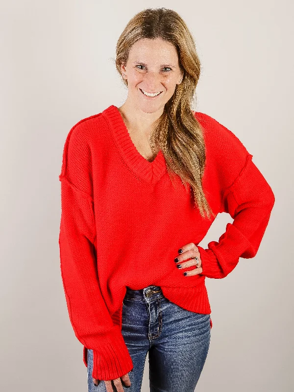 Oversized Red V-Neck Thick Sweater