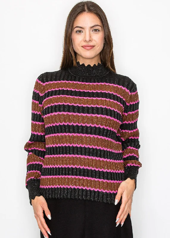 Shimmer Stripe Sweater with Scalloped Trim