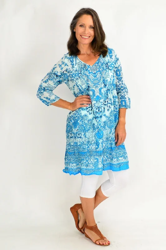 Sky Blue Victorian Print Tunic Dress