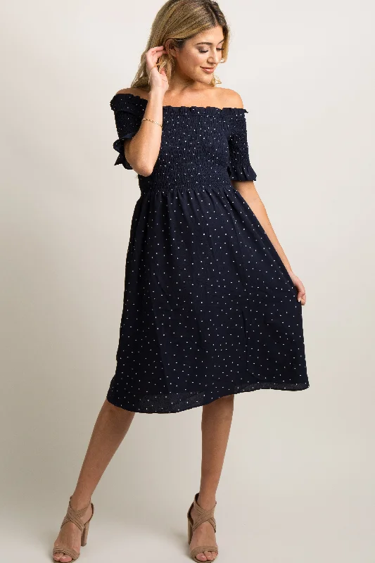 Navy Polka Dot Smocked Maternity Dress