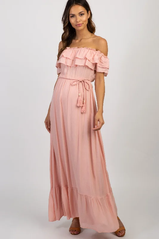 Pink Off Shoulder Tassel Tie Maternity Maxi Dress