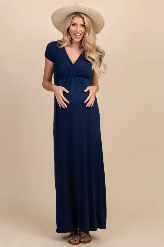 PinkBlush Petite Navy Draped Maternity/Nursing Maxi Dress