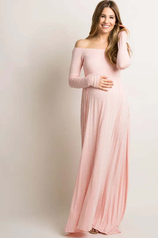 PinkBlush Tall Pink Solid Off Shoulder Maternity Maxi Dress