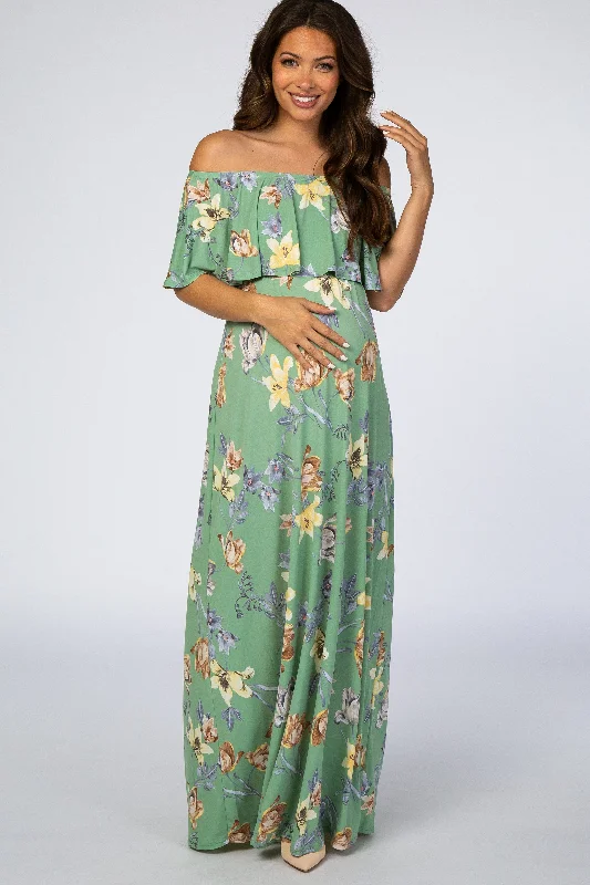 Sage Floral Off Shoulder Maternity Maxi Dress