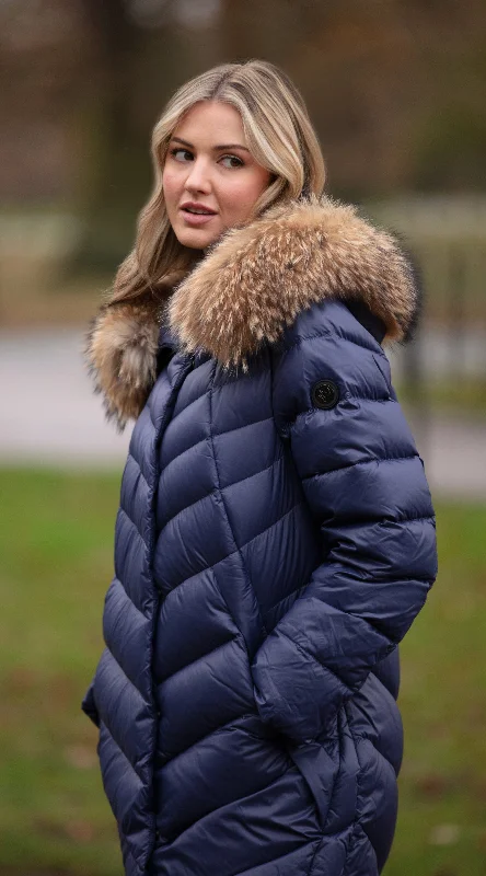 Luxy Midi Water-Repellent Down Jacket - Navy/Natural