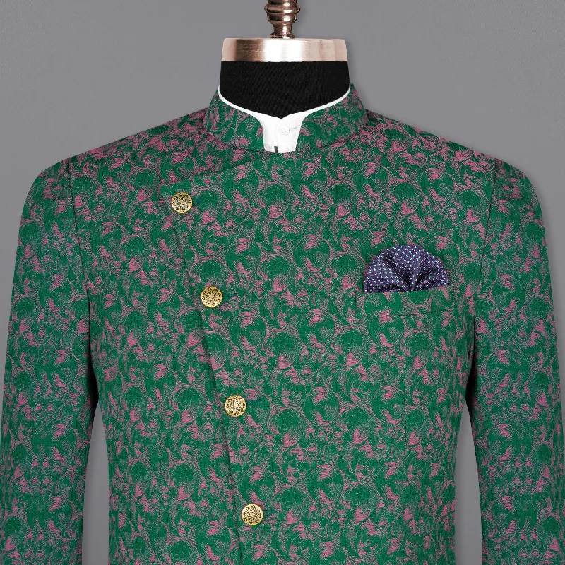 Dartmouth Green with Raspberry Pink Jacquard Textured Cross Placket Bandhgala Designer Blazer