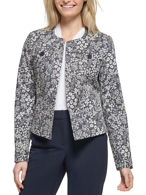 Ditsy Womens Floral Print Cotton Open-Front Blazer