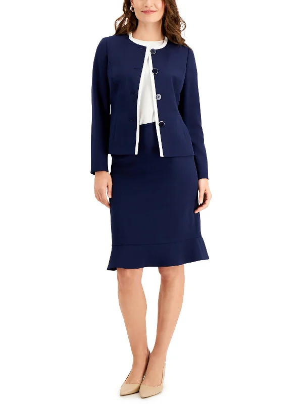 Petites Womens Contrast Trim Business Collarless Blazer