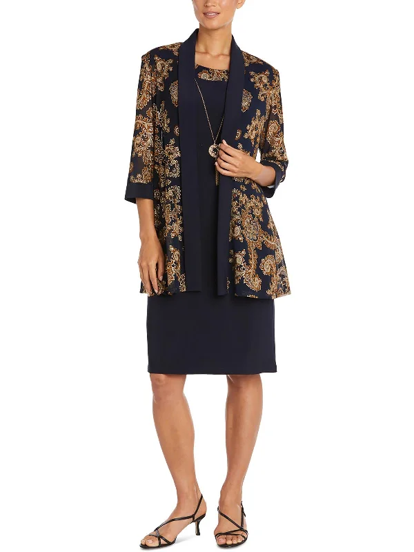 Petites Womens Printed Shawl Collar Open-Front Blazer