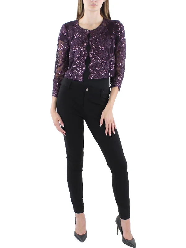 Petites Womens Sequined Scalloped Bolero