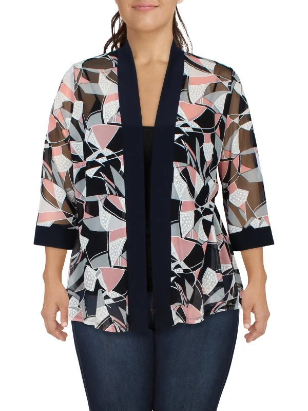 Plus Womens Abstract Open Front Collarless Blazer