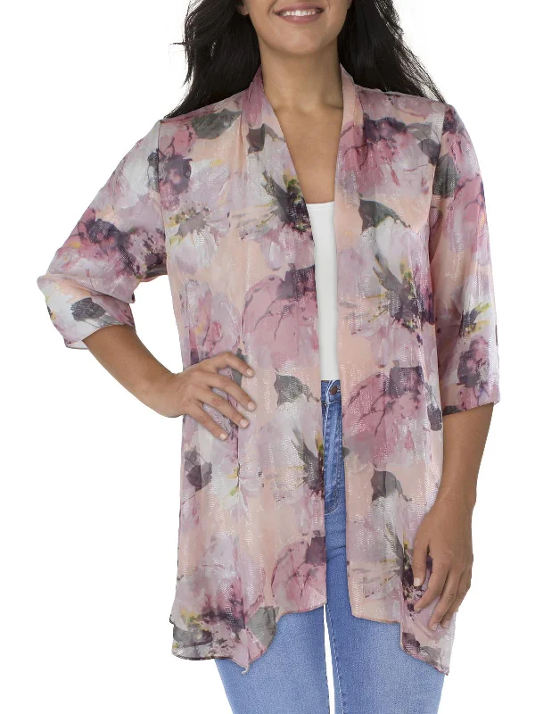 Plus Womens Chiffon Floral Duster Blazer