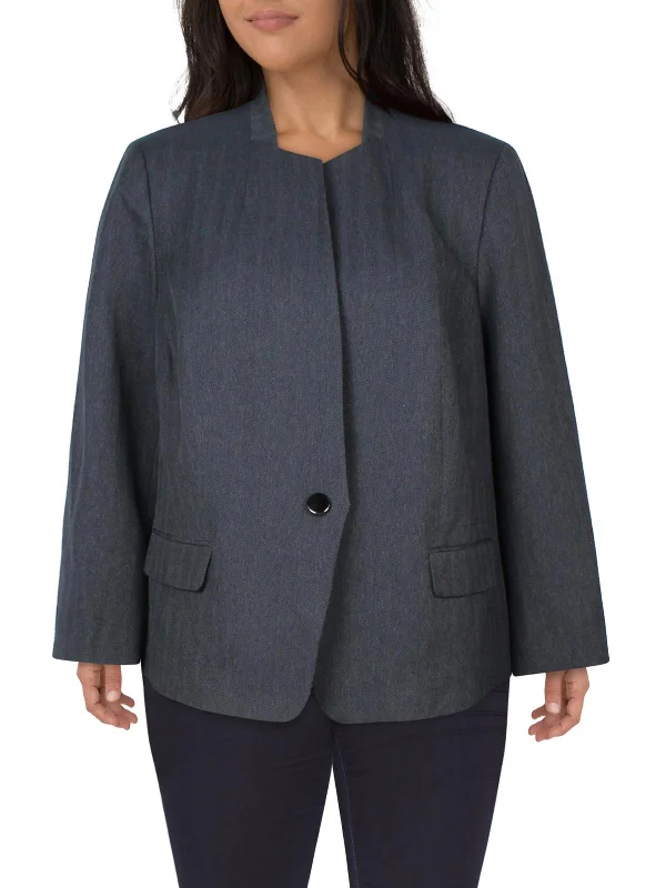 Plus Womens Herringbone Polyester One-Button Blazer