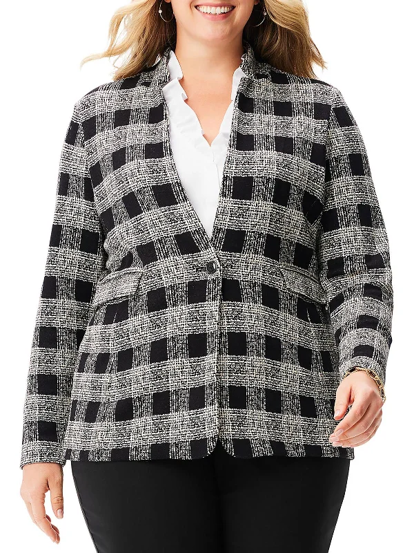 Plus Womens Plaid Jacket One-Button Blazer