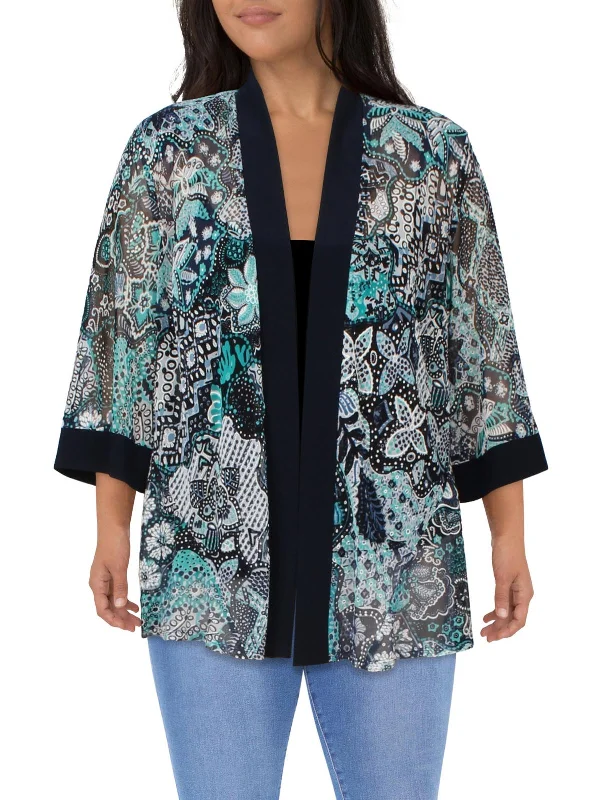 Plus Womens Printed Collarless Open-Front Blazer