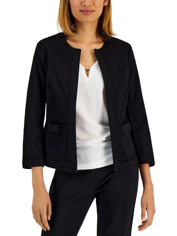 Womens Denim Collarless Open-Front Blazer