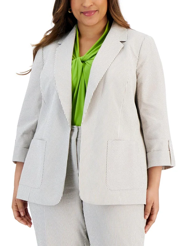 Womens Striped Seersucker Open-Front Blazer