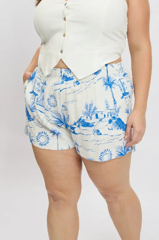 Blue Abstract Elastic Waist Linen Blend Shorts