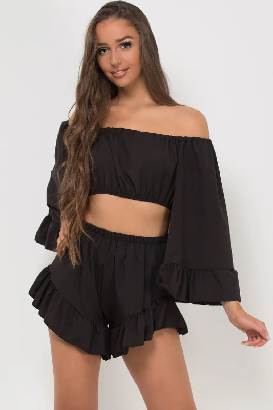 Bell Sleeve Top Frill Hem Shorts Two Piece Set Black