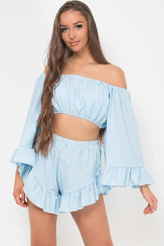 Bell Sleeve Top Frill Hem Shorts Two Piece Set Blue