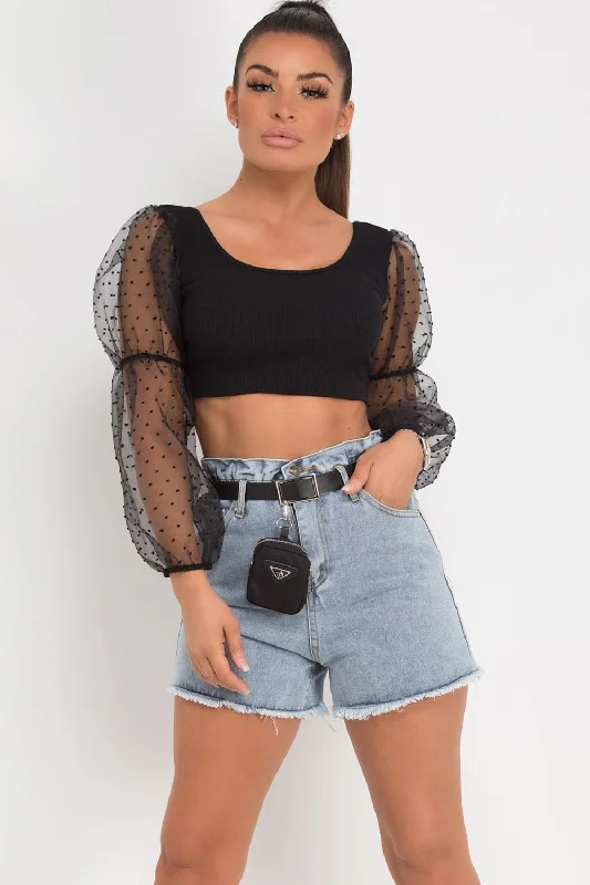 Black Polka Dot Organza Sleeve Ribbed Crop Top