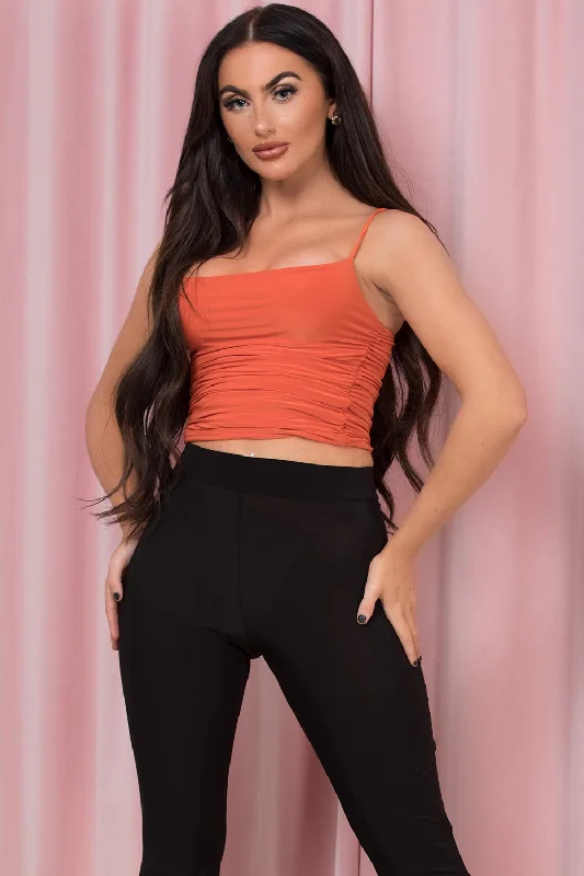 Ruched Slinky Top With Spaghetti Straps Orange