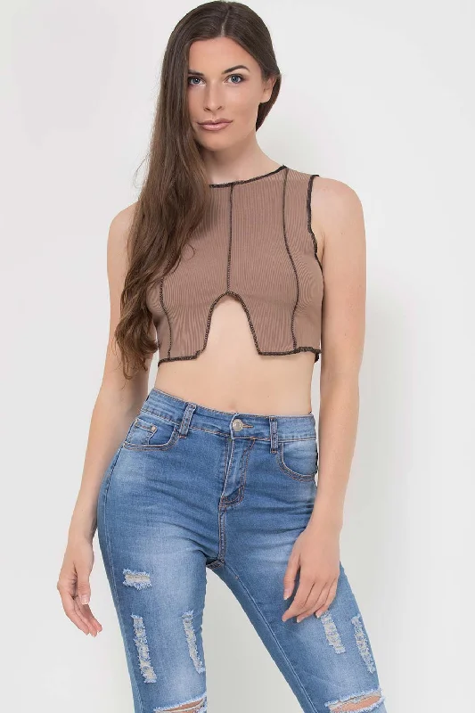 Contrast Overlock Stitch Ribbed Crop Top Brown