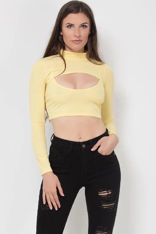 Front Cut Keyhole Long Sleeve Crop Top Yellow