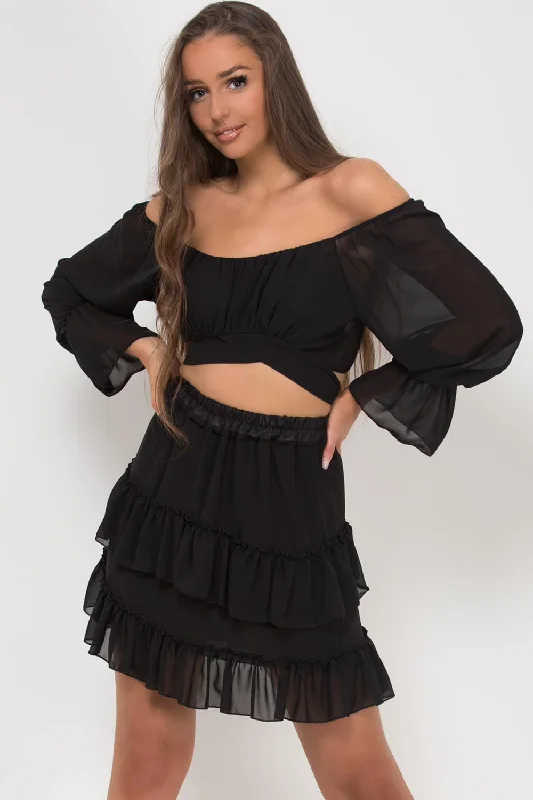 Off Shoulder Chiffon Top Skirt Two Piece Set Black