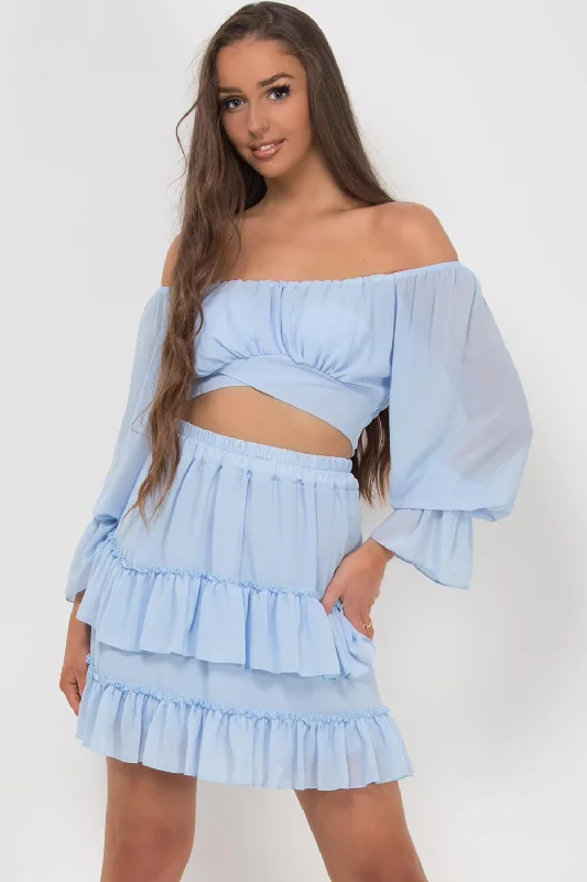 Off Shoulder Chiffon Top Skirt Two Piece Set Sky Blue