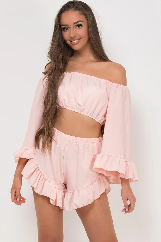 Pink Bell Sleeve Top Frill Hem Shorts Two Piece Set