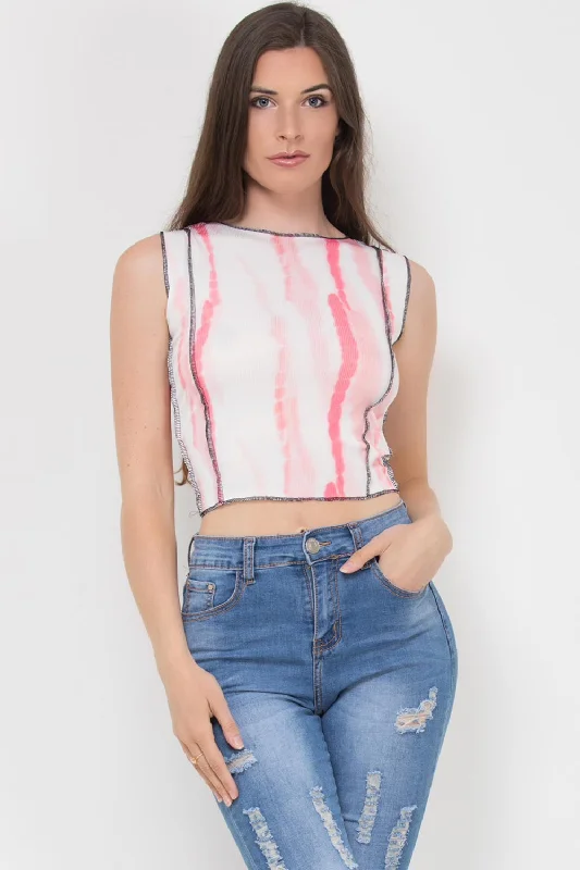 Pink Tie Dye Stitch Detail Sleeveless Crop Top