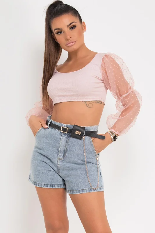 Polka Dot Organza Sleeve Ribbed Crop Top Pink