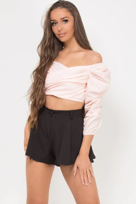 Puff Sleeve Wrap Crop Top Pink