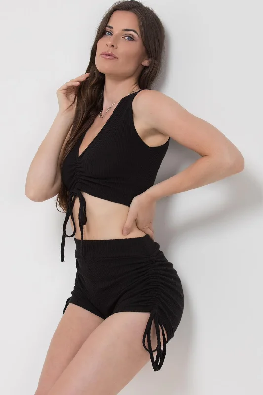 Ruched Rib Shorts Crop Top Co-Ord Set Black