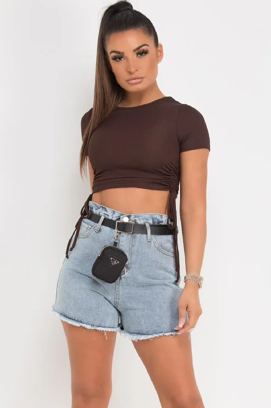 Ruched Side Rib Crop Top Chocolate Brown