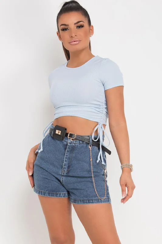 Ruched Side Rib Crop Top Sky Blue