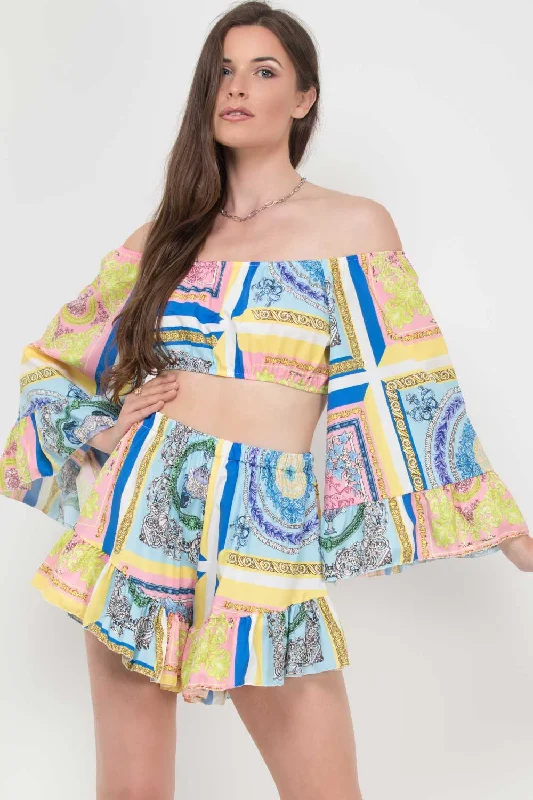 Scarf Print Bardot Top And Shorts Co-Ord Set Yellow