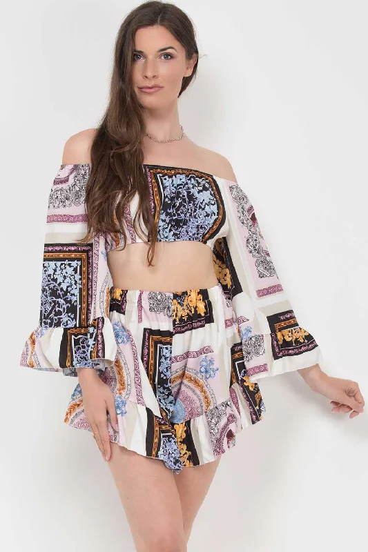 Scarf Print Bardot Top And Shorts Co-Ord Set