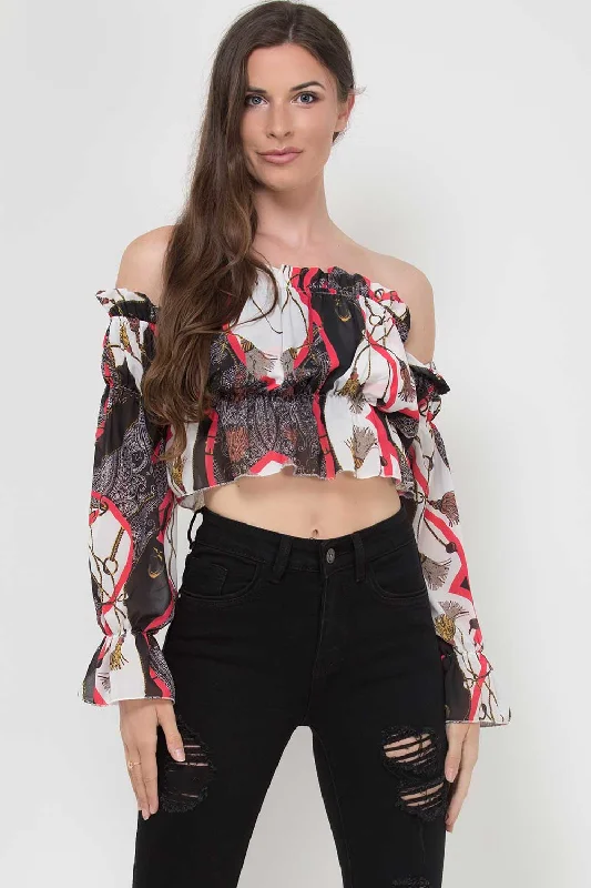 Scarf Print Ruffle Off Shoulder Crop Top