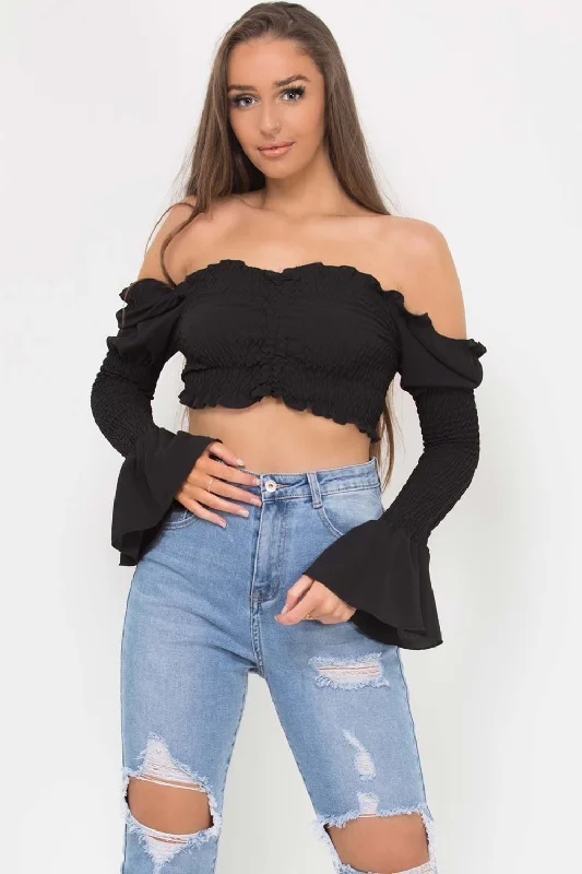 Shirred Ruched Front Crop Top Black